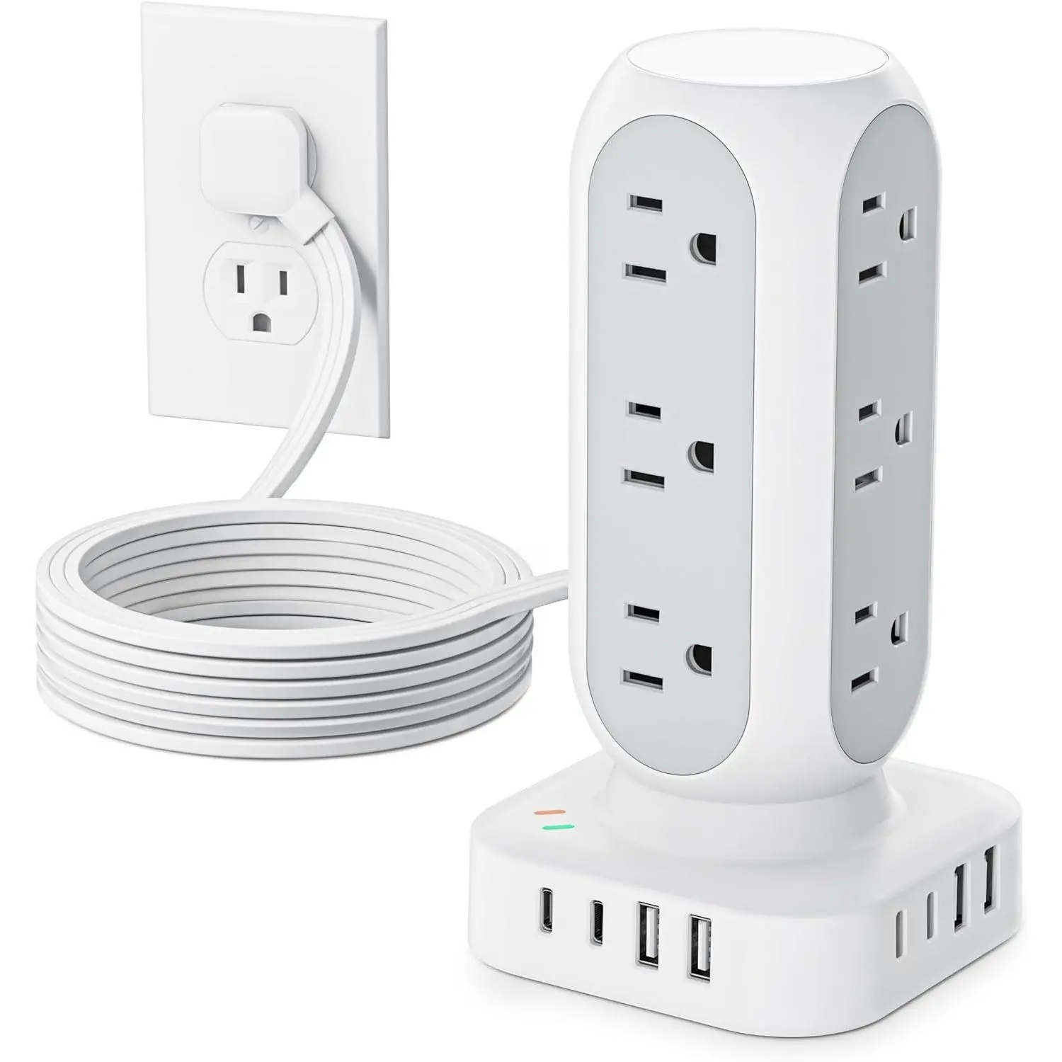 Tower Power Strip with Surge Protection, Flat Plug Outlet Extender with 12 AC Outlets & 8 USB Ports, 5 FT Extension Cord with Multiple Outlets, 24W Total  Station for  Office Dorm Room
