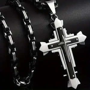 Men's Fashion 316L Stainless Steel Cross Pendant, 24 Inch Byzantine Cuban Chain, Men's Religious Jewelry Gift