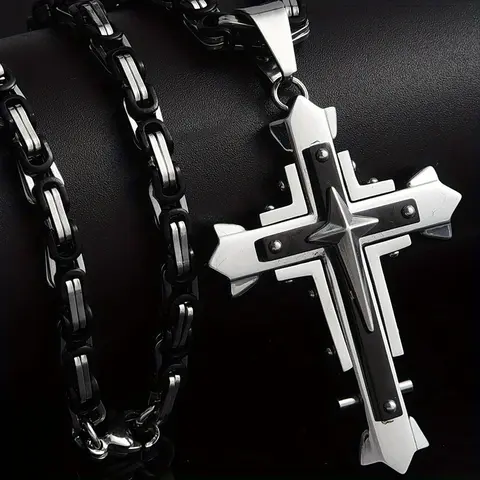 Men's Fashion 316L Stainless Steel Cross Pendant, 24 Inch Byzantine Cuban Chain, Men's Religious Jewelry Gift