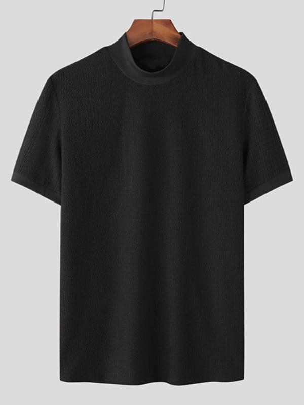 Men's Solid High Neck Knit Water Ripple Short Sleeve T-Shirt, Stylish Casual Sport Underwear, Outdoor Travel and Daily Leisure Essential Unisex Neutral