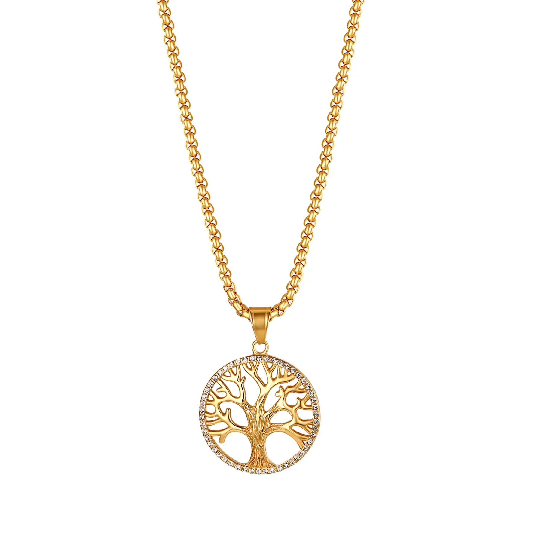 OIDEA Men's Tree of Life Chain Necklace, Bold Gold Aesthetic Stainless Steel Pendant with Openwork Art and Rhinestones, 22" Casual Chain, Tree Motif