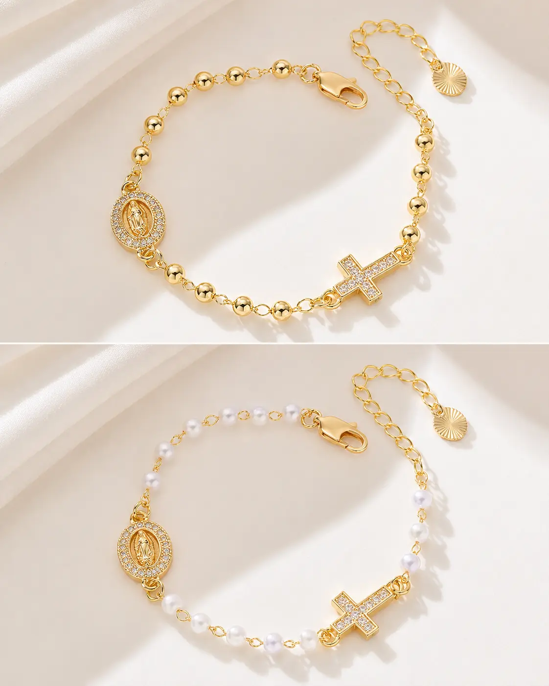 Loyalove 14K Gold plated Virgin Mary Bracelet for Women, Dainty Gold Beaded or Pearl-Style Cross Bracelet, Adjustable Faith Jewelry, Christian Gift for Her