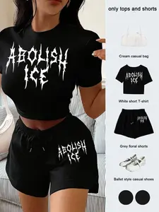 Y2K Style Pattern Two-Piece Set, Comfortable 'ice' Print T-Shirt & Shorts, Perfect for Tiktok Looks & Daily Wear
