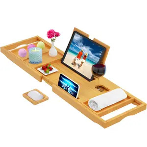 Premium Bamboo Expandable Bathtub Tray Caddy - Bathroom Organizer with Wine Glass Holder, Phone Stand, and Book Holder for Spa Use