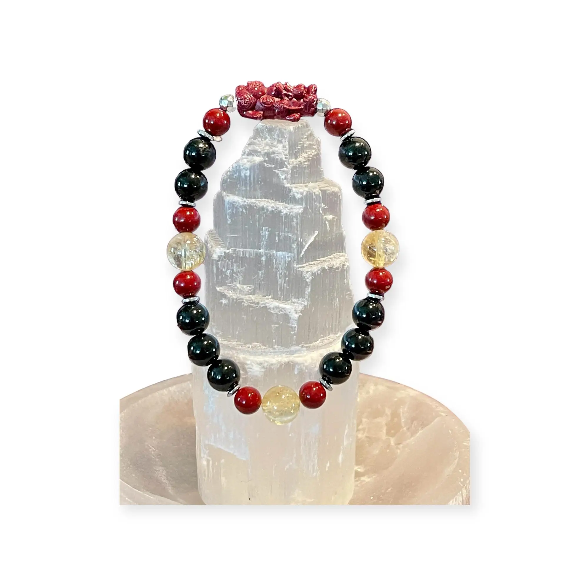 Black Jade & Green Jade Pixiu Cinnabar Citrine Bracelet for Protection Prosperity Fortune Bracelet