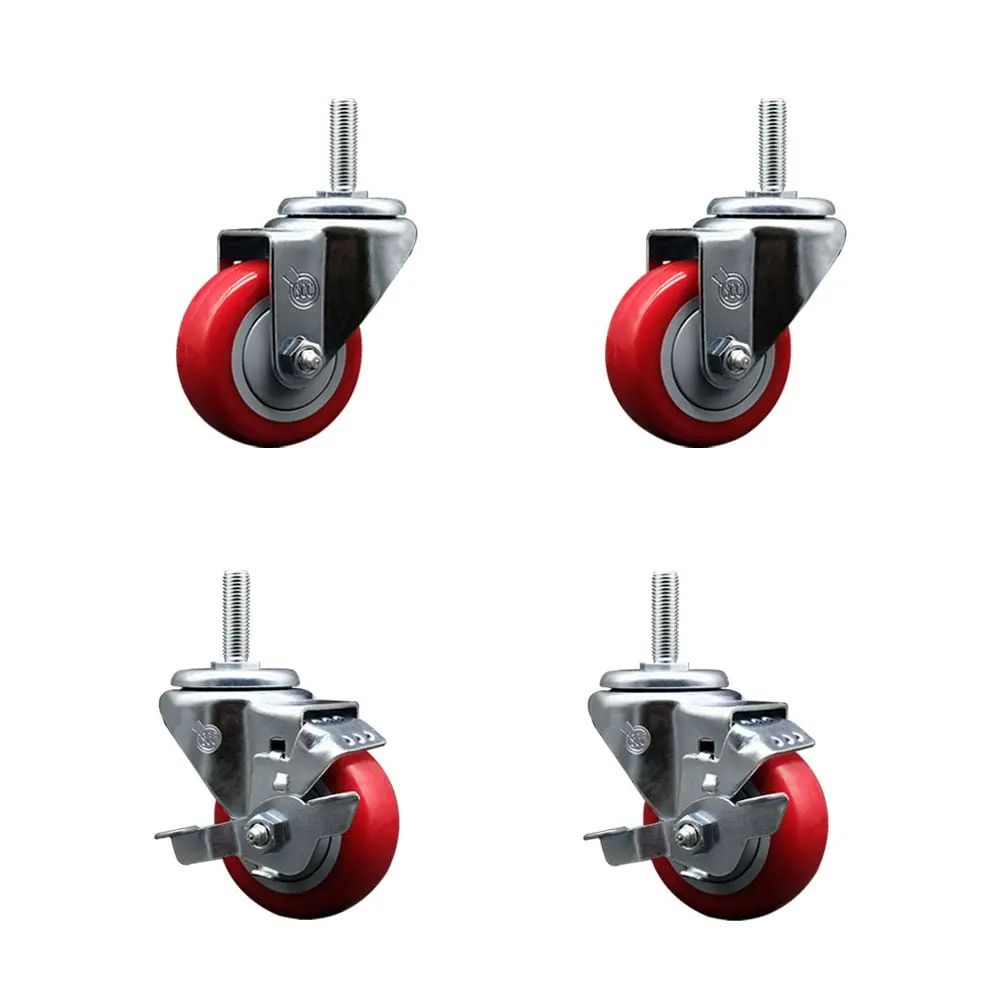 Service Caster Industrial Hardware SCC-TS20S314-PPUB-RED-58212-2-TLB-2 Set of 4 Polyurethane Swivel Threaded Stem Hardware Casters, 3 x 1.25 in Lockable Wheels, 0.63 in Threaded Stems, 2 with Top Locking Brake (Red), 1,200 Lbs, Equipment, Material Handlin