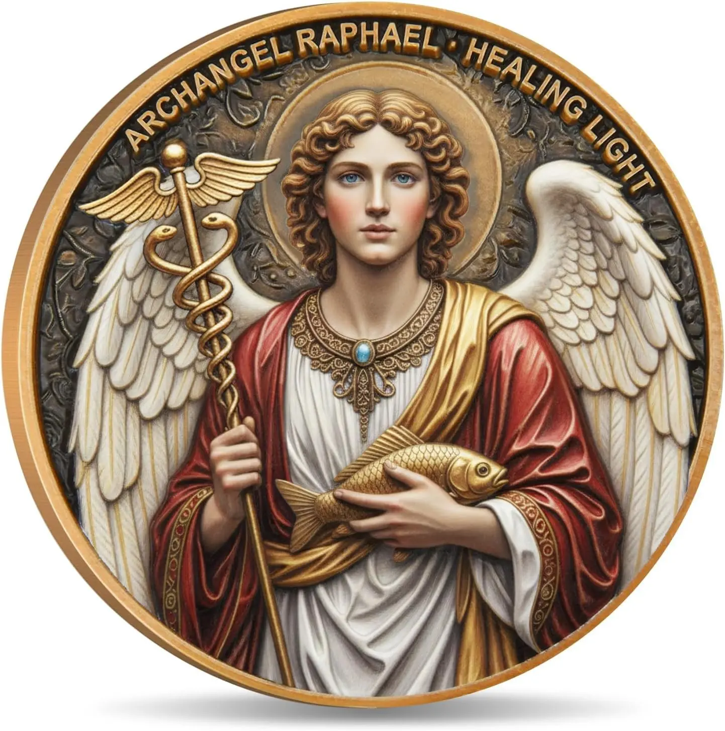 Healer of God Prayer & Healing Light Symbolism Coin Detailed 3D Relief with Raphael Healing Staff and Fish Symbol Faith-Inspired Gift for Prayer Comfort and Spiritual Support