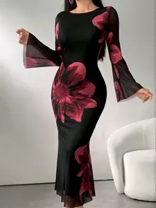 Women's Fashion Mesh Floral Print Knit Dress, Best-Selling Elegant Fitted Long Sleeve A-Line Dress, Casual Summer Dresses for Women