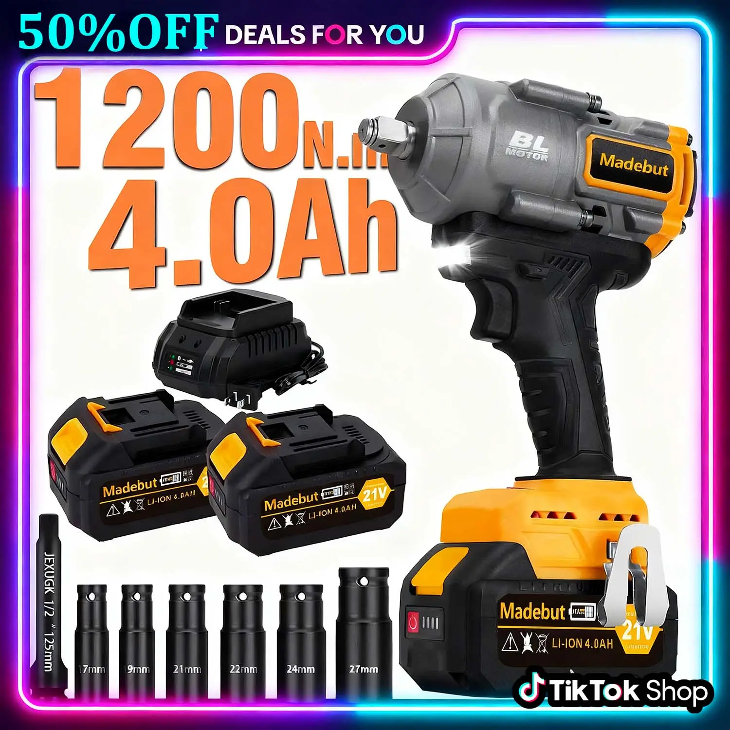 Madebut 1200N.m Cordless Impact Wrench 885Ft-lbs 1/2 inch Electric Impact Gun High Torque Brushless Motor 2x 4.0Ah Batteries Fast Charger 6 Sockets He
