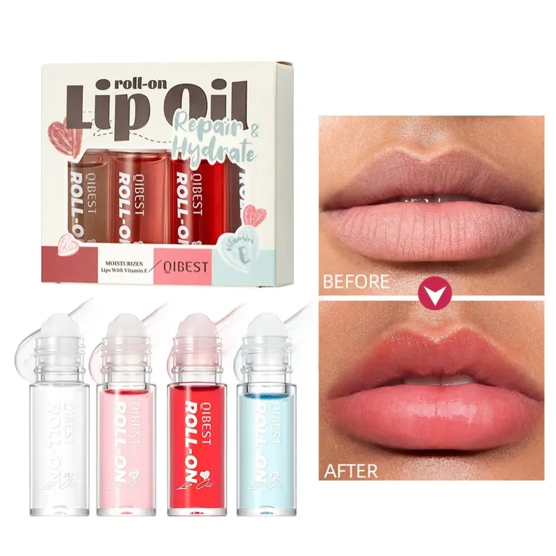 Rolling Bead Lip Oil 4Pack, Colorless Transparent Formula, Moisturizing Hydrating Anti-Drying, Portable Roller Ball Lip Care Set
