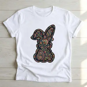 Women Casual Round Neck Short Sleeve TShirt Featuring Easter Bunny with Pink Bow and Colorful Swirls for Spring Festival and Holiday Wear Trendy Spring Fashion Top