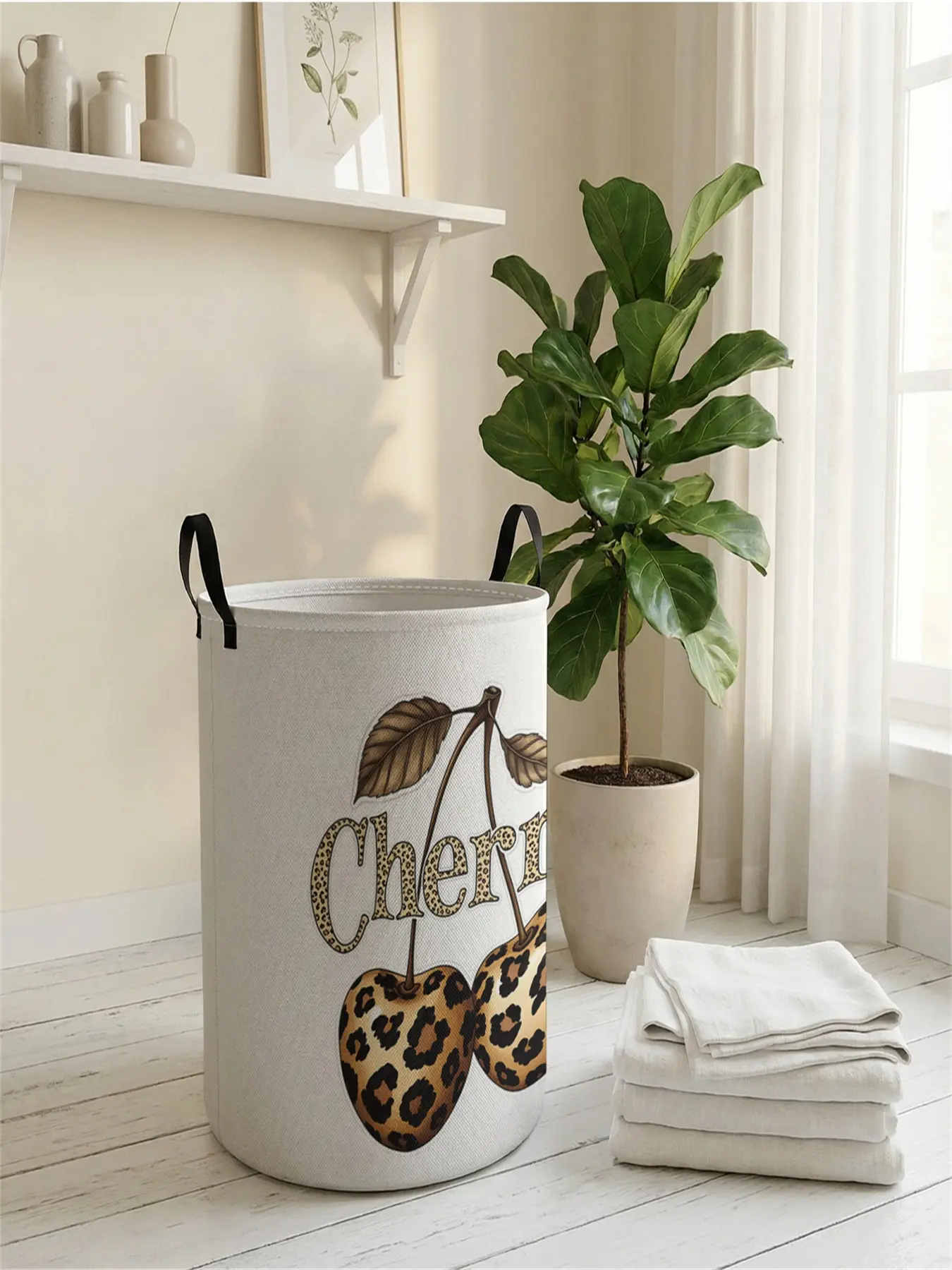 1 piece of leopard print cherry 'Cherry' 2D printed open storage box, double handle reinforcement + foldable storage | dirty laundry storage/toy organization/home decoration all-in-one Laundry Hamper
