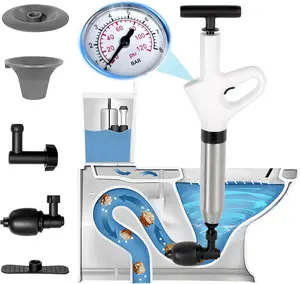 High Pressure Air Toilet Plunger with Barometer – Stainless Steel Powerful Drain Blaster for Toilet, Sink & Floor Drain Cleaning