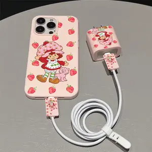 5 Piece Set Strawberry Phone Case, Charger Head Cover, Cable Protector, Storage Rope, Anti-Drop Tpu Case for iPhone 6/7/8/x/11/12/13/14/15/16/17 Pro Max