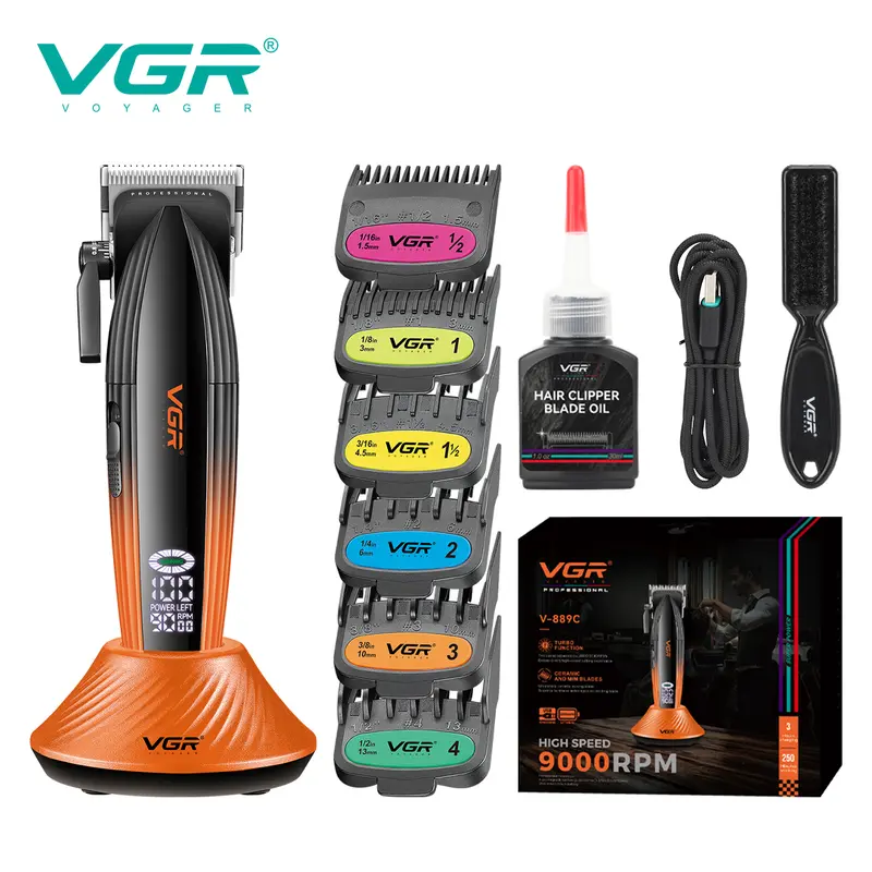 VGR 889C Professional Cordless Men's Haircutting Machine Grooming Kit - 9000 RPM Durable Ceramic MIM Blades, 6 Guide Combs, LED Display, USB Charging Base, Adjustable Brush, for All Hair Types, Short Hair Hairstyles, Beard Transformation (Beauty Products)