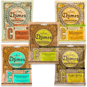 Chimes Ginger Chews Large Variety Pack of 5, 1 of each flavor (Original, Mango, Orange, Peppermint, Peanut Butter) 25 oz total Low Calorie Vegan Gluten Free Organic Ginger Chews for Nausea