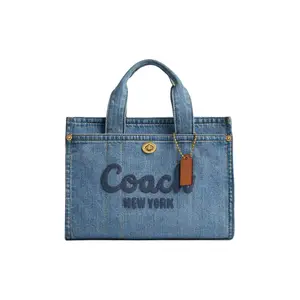 Coach Cargo 26 Embroidered Tote Bag for Women, Denim and Vachetta Leather, Medium Size