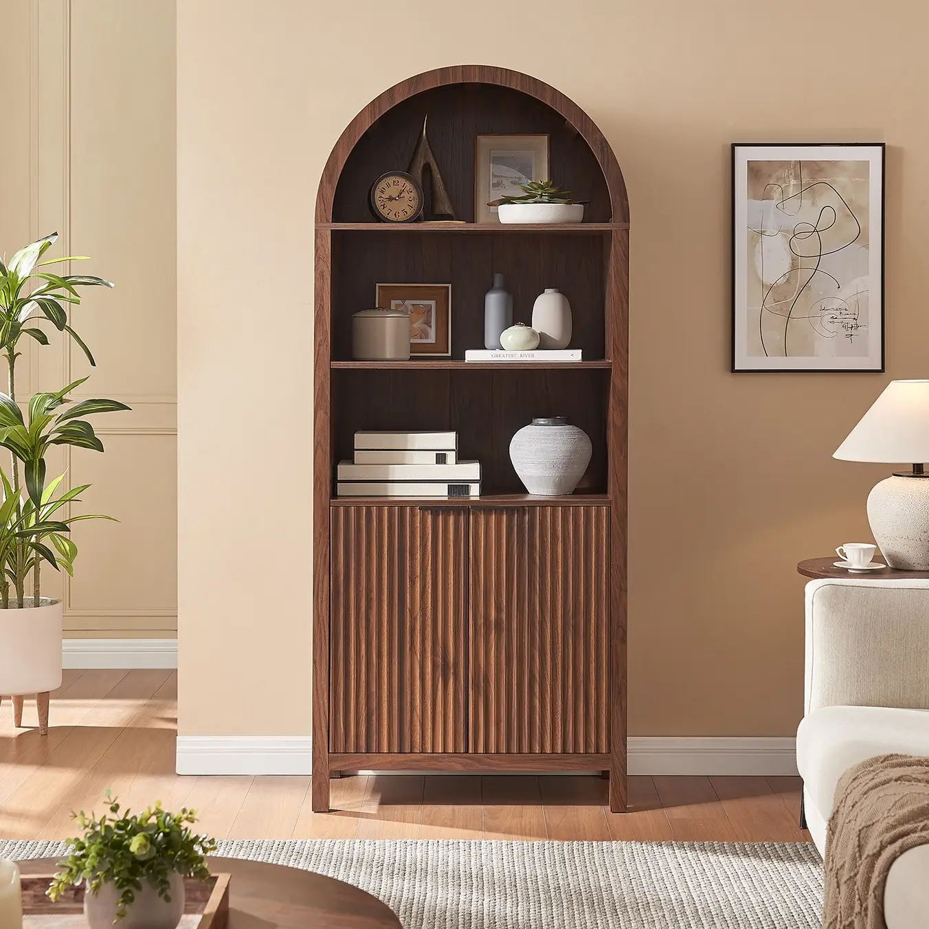 PieDle Furniture Arched Cabinet Bookshelf Bookcase - 71” Tall Mid Century Arched Display Cabinets, Rounded Bookshelf with Fluted Doors, Open Shelf Sto