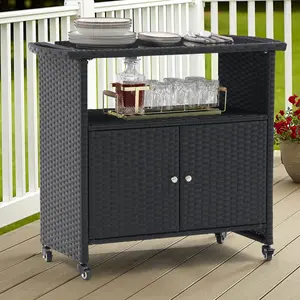Outdoor Grill Cart with Tempered Glass Top, Multi-Functional BBQ Prep Table, All-Weather PE Rattan & Galvanized Steel, 4 Wheels with Brakes, Patio Kitchen Island for Grilling, Serving & Storage