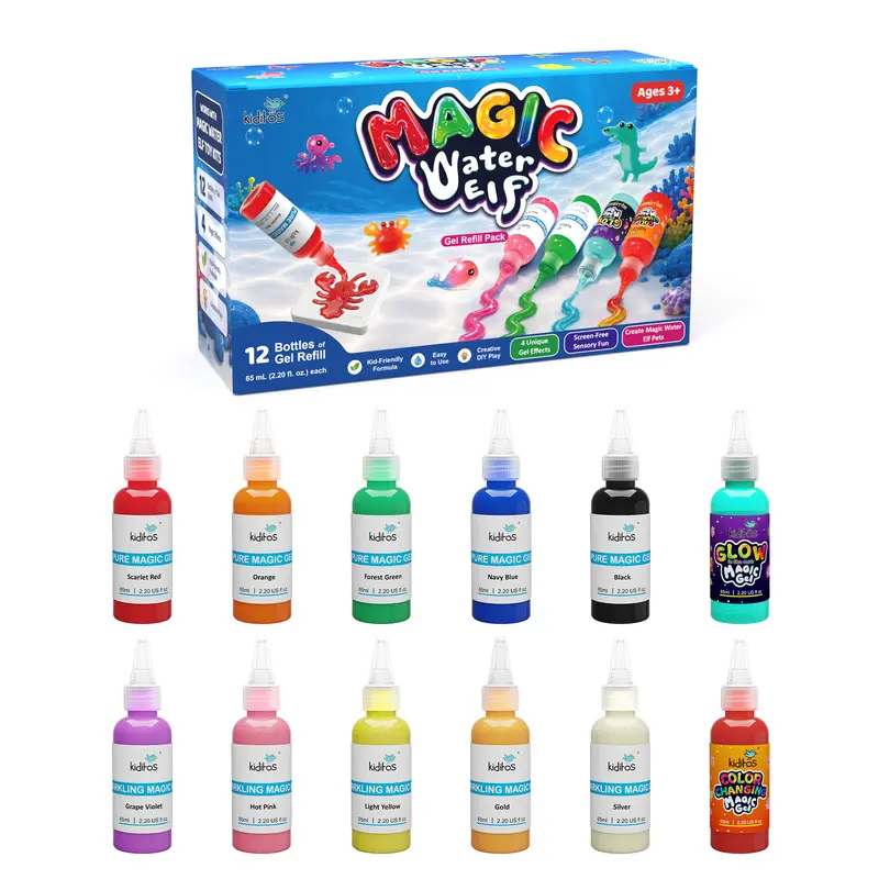 Kiditos 12-Color Magic Gel Refills Set - 12 Bottles (5 Pure, 5 Sparkling, 1 Glow in Dark Gel, 1 Color Changing), Refill Kit for Magic Water Elf Toy Kit