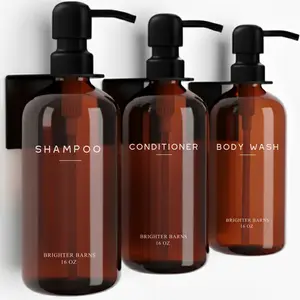 Amber Shampoo and Conditioner Dispenser Set Wall Mounted by Brighter Barns - Plastic Shower Dispenser Set - 3 Chamber Drill Free Shampoo Bottles - Modern Bathroom Decor for Guest Bathroom, Spa