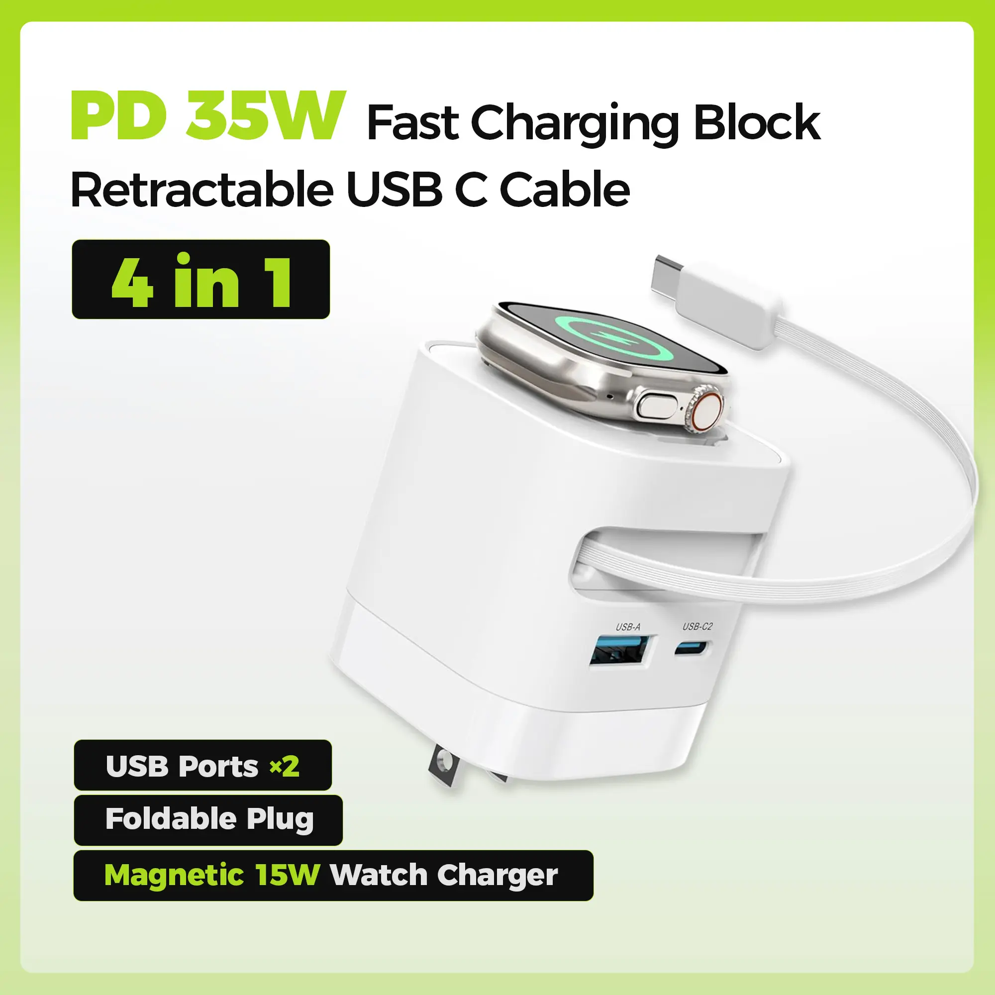 Charging Block for Apple Watch, 35W Retractable Wall Charger USB C Built in Wireless Smart Watch Charging and Foldable Plug, Charger Block Compatible with iPhone, AirPods, iWatch