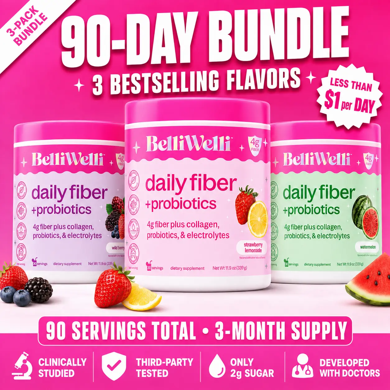 BelliWelli 4-in-1 Gut Health & GLP Support - Fiber, Collagen, Electrolytes, Probiotics - 90 Day Bundle BelliWelli 4-in-1 Gut Health & GLP Support - Fiber, Collagen, Electrolytes, Probiotics - 90 Day Bundle