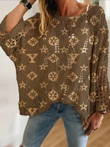 Women's Bohemian Vintage Geometric Print Round Neck Long Sleeve Loose Knit Hollow Out Top Knitwear, Casual Elegant Vacation Style Sweater