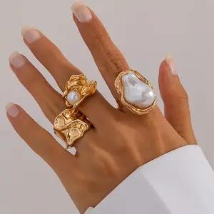 3Pcs/set Gold Color Irregular Pearl Open Rings Set for Women Exaggerated Vintage Metal Folds Thick Chunky Ring Jewelry Gifts