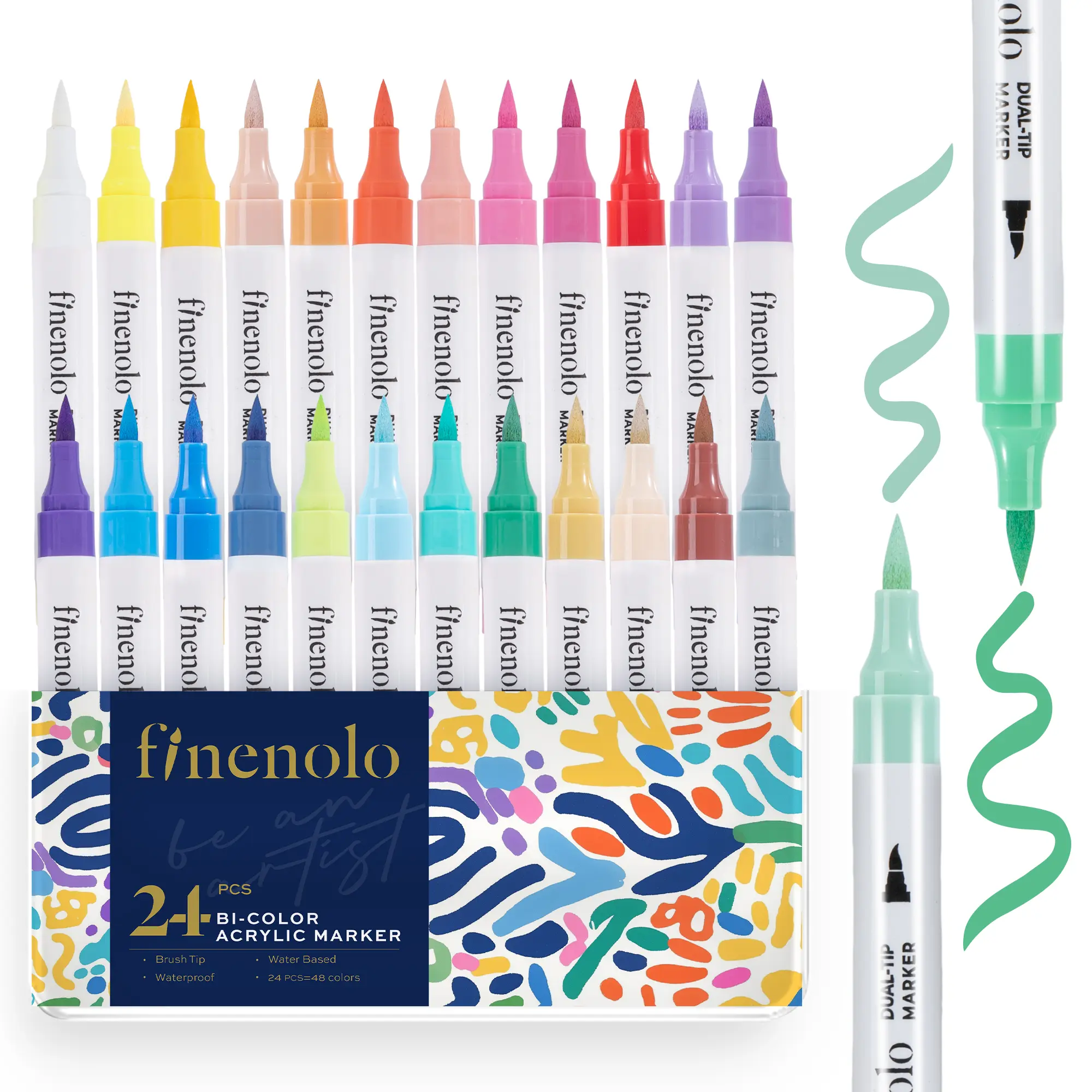 FINENOLO Dual Tip Acrylic Paint Markers Set (24/48/72 Count) - Brush & Fine Tip Art Materials, Art Painting Supplies for Rock & Ceramic Use, Wood Canvas Glass DIY Crafting Fun, Pens with Storage Box