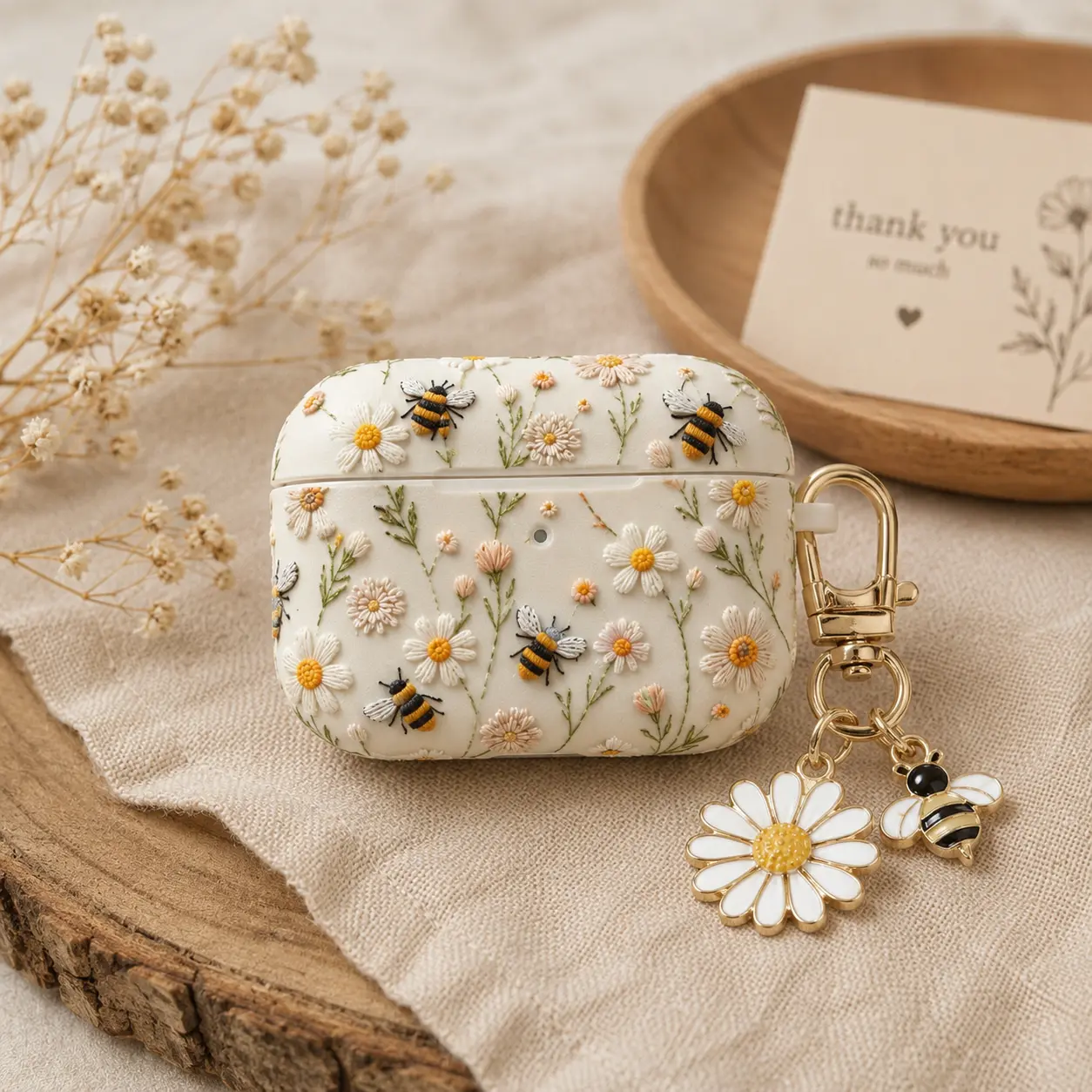 NO KEYCHAIN Bee & Daisy AirPods Pro Case, Cottagecore Floral AirPods Case, Cute Bumble Bee Wildflower AirPods Cover, Botanical Nature AirPods Gen 1 2 3 4 Case, Spring Gift for Her