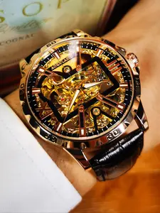 1pc Fashion Luxury Skeleton Automatic Analog Mechanical Watch for Men Golden Dial Top Brand Leather Strap Business Casual Mens Watches Gifts With Box