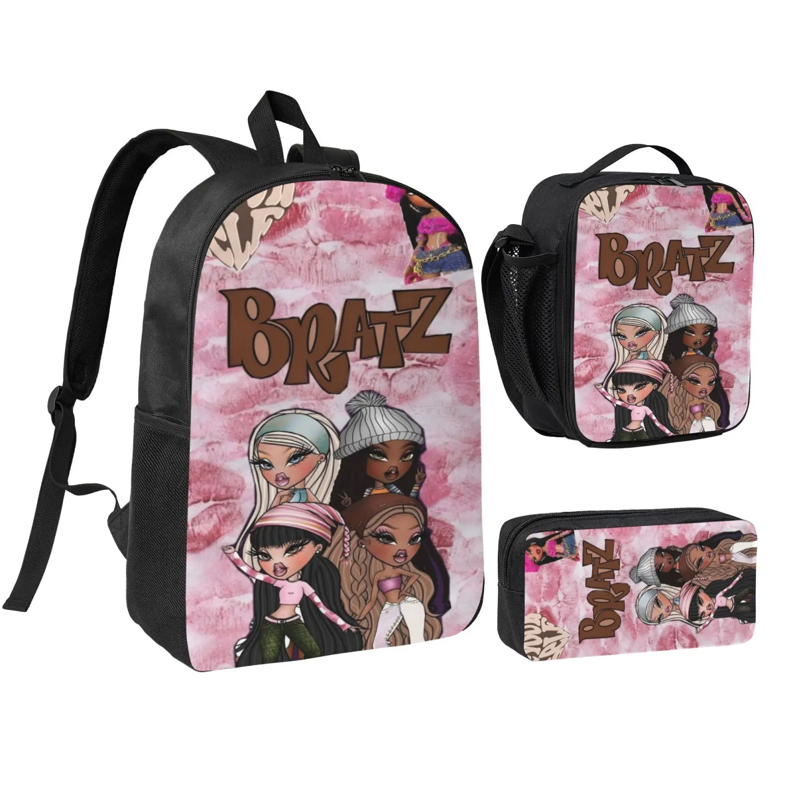 Unisex 3PCS Bratz Backpack Set - Large Capacity School Bag with Insulated Lunch Box, Pencil Case, Cartoon Casual Bookbag for Girls, Teens - Ideal for Back to School, Hiking, Daily Commute, Birthday Gift, Boys, Durable Water-Resistant Fabric, Padded Should