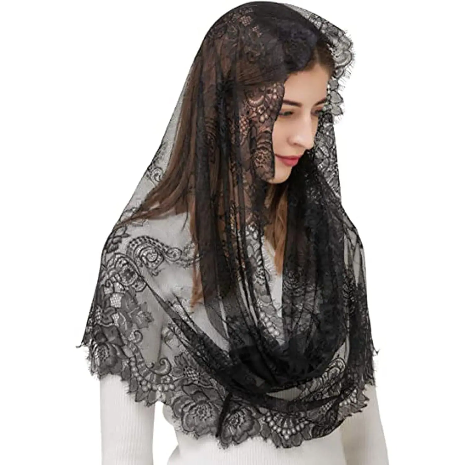 Women Infinity Veil Floral Lace  Chapel Church Veil Latin Mass Mantilla Head Covering Scarf