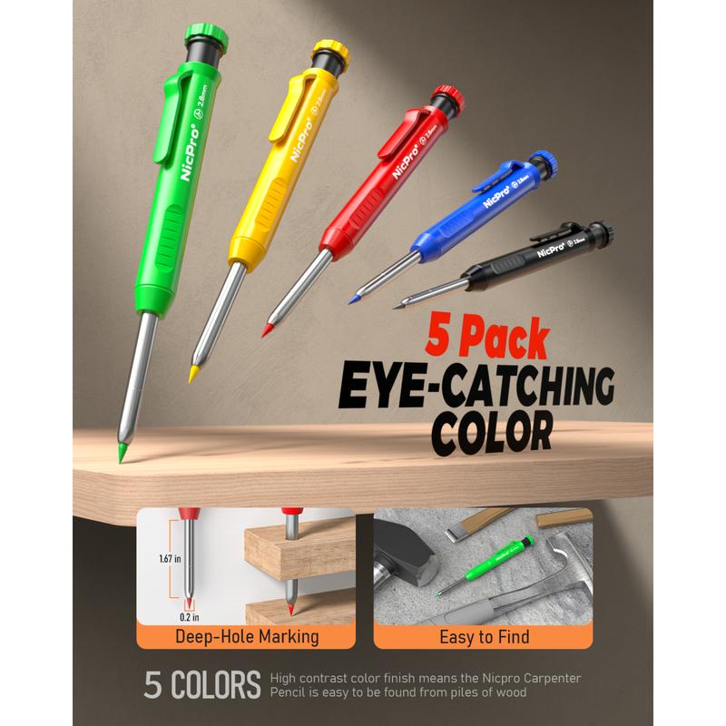 Nicpro 27 Pack Carpenter Pencils, with 100 Refill, Automatic Center Punch and Carbide Scribe Carpenter Tool, Construction Pencils for Woodworking, Carpenters Marking