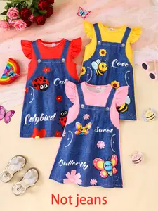 Three-Piece Baby Girl Summer Casual Sleeveless Denim-Style 3D Butterfly Ladybug Bee Print Knit Dress, Comfortable Daily Wear, Toddler Summer Dresses