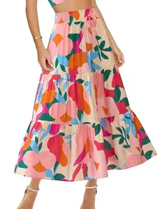 BTFBM Women's Floral Print Midi Maxi Skirts 2026 Summer Casual A-line Elastic High Waist Pleated Flowy Long Skirt with Pockets