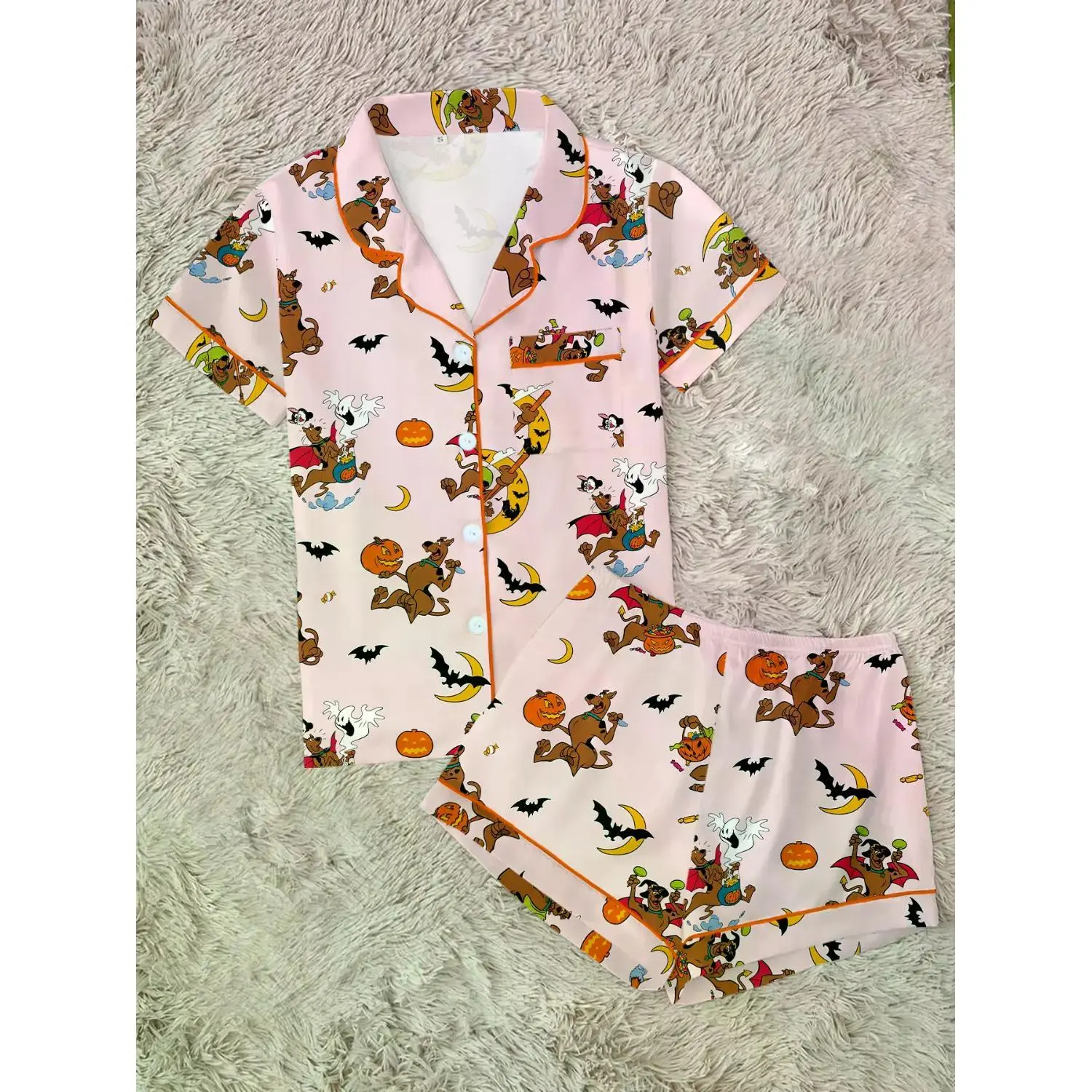 Women's Halloween Pajama Set - Cute Pumpkin, Bat & Ghost Print, Short Sleeve 2-Piece Sleepwear, All-Season Fitted Loungewear