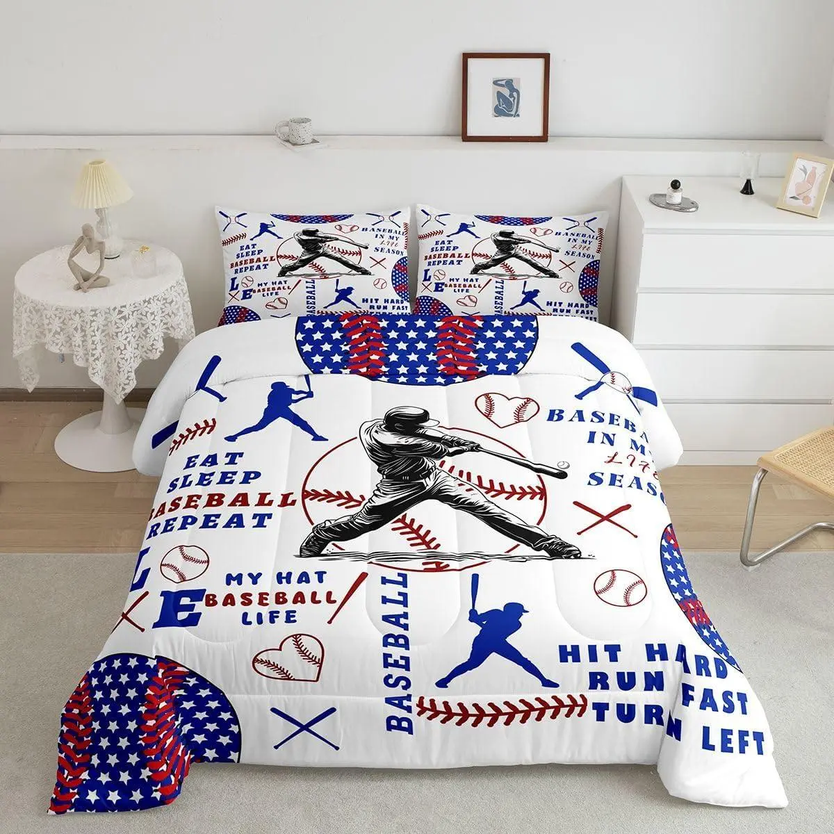 Personalized Baseball Comforter Set Eat Sleep Baseball Bedding Set Sports Lover Duvet Quilt White Red Blue Bedroom Decor Star Print
