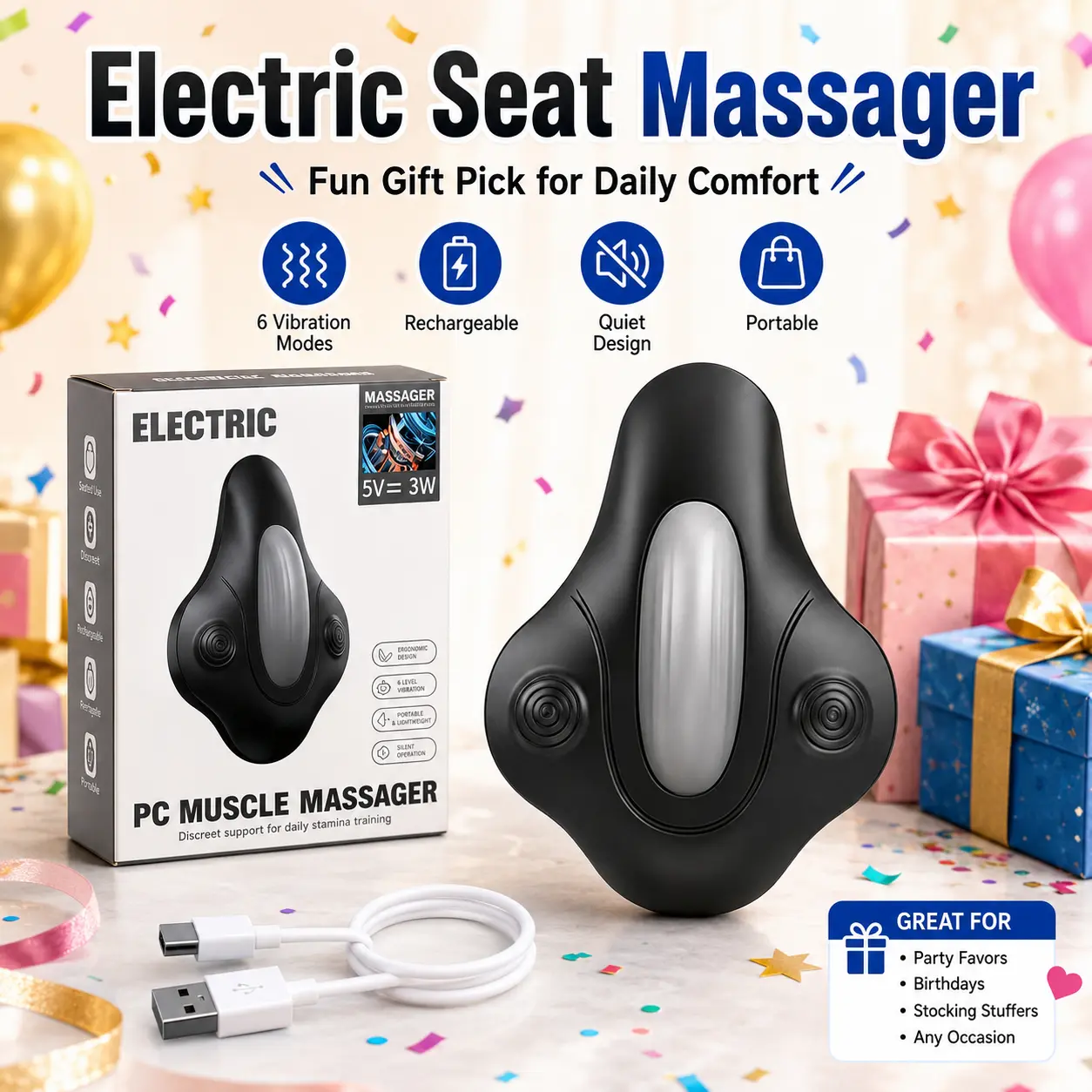 2026 Upgraded Rechargeable Electric Seat Massager - 6 Vibration Modes, Quiet, Portable, 1-Button Operation, Compact Design, Adult Daily Comfort Tool, Ideal Festive Gift for Birthdays, Christmas