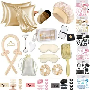 Sleep Hair Care Set 19pcs, Includes No-Heat Curler, Satin Pillowcase, Sleep Cap, Reusable Eye Mask, Scalp Massager and Jade Roller, Ideal for Women's Night Use