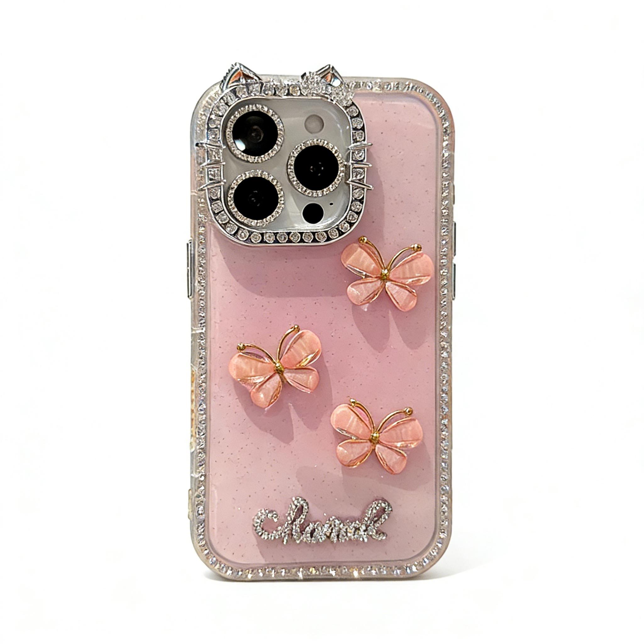 DIY Glitter Clear Phone Case with 3D Butterfly & Rhinestone Charms, Bling Cat Ear Diamond Frame Customizable Protective Cover for IP 17 PROMAX junk