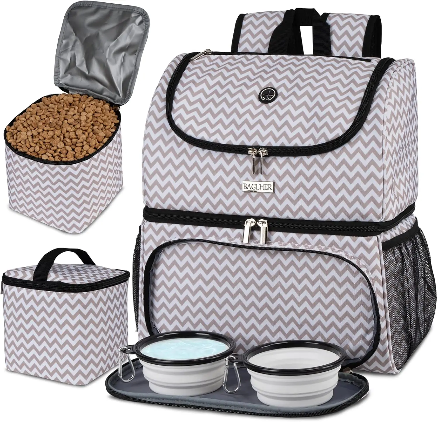 BAGLHER Pet Carrier Backpack for Small/Medium Dogs & Cats - Double-Layer Waterproof, Abrasion-Resistant Travel Kit with Zipper, 2 Silicone Collapsible Bowls, 2 Food Baskets, Trash Bag Dispenser (L13.5"xW7"xH15", Blue)