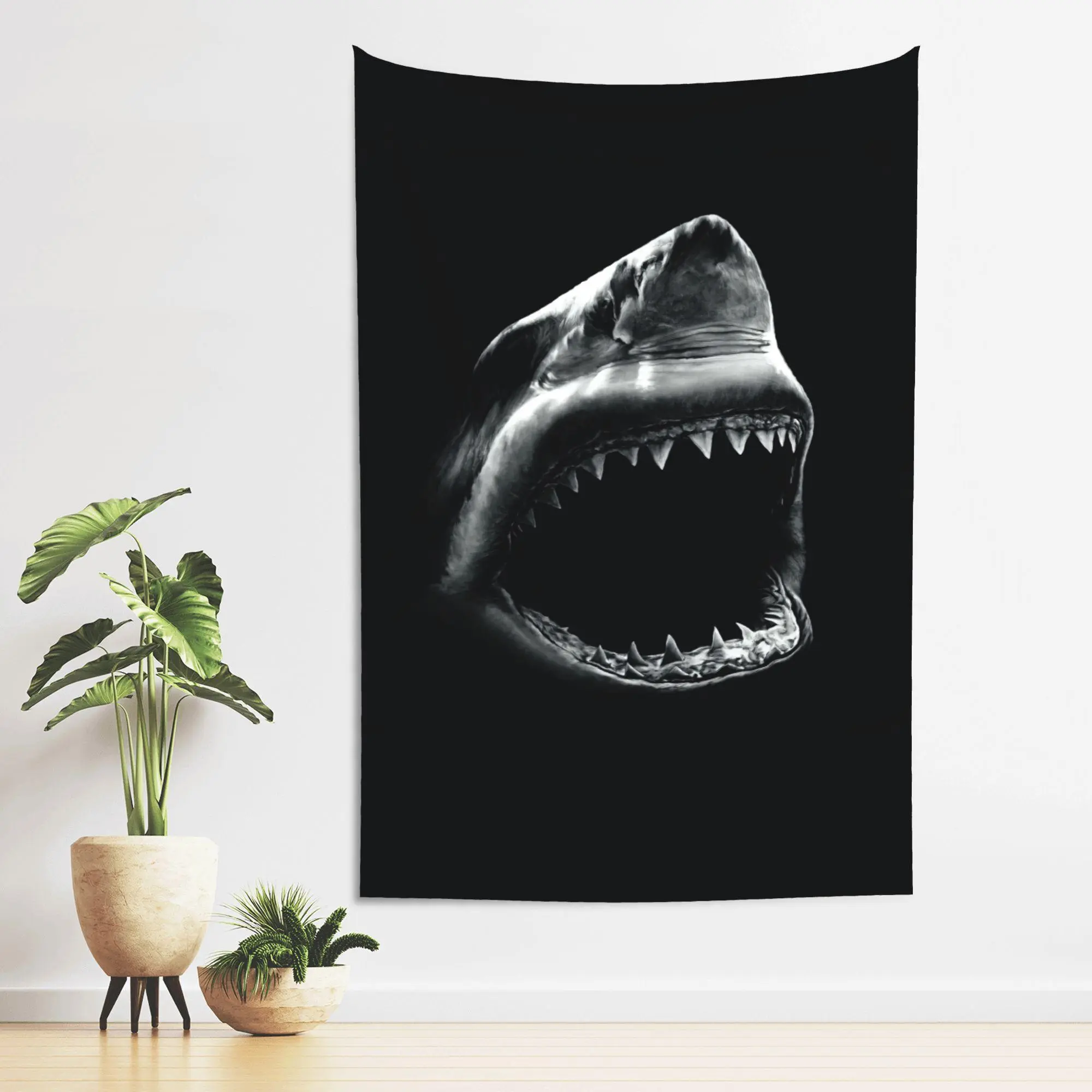 Black White Great White Shark Open Mouth Tapestry Wall Hanging Dark Realistic Marine Life Room Decor