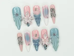 Jelly Ocean-Inspired Press On Nails Almond | 3D Beach Theme with Seashells and Flower | Handmade Press On Nails for Summer Vibes | Gen X Nail, Acrylic Press On Nail, Fast Shipping, Trendy