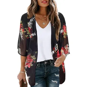 Women's Floral Print Puff Sleeve Kimono Cardigan Loose Cover Up Casual Blouse TopsGift
