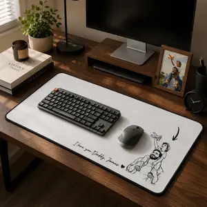 Personalized Leather Desk Mat from Photo, Custom Line Art Mouse Pad for Dad, Father’s Day Gift for Husband, Daddy Picture Desk Pad Mouse Mat