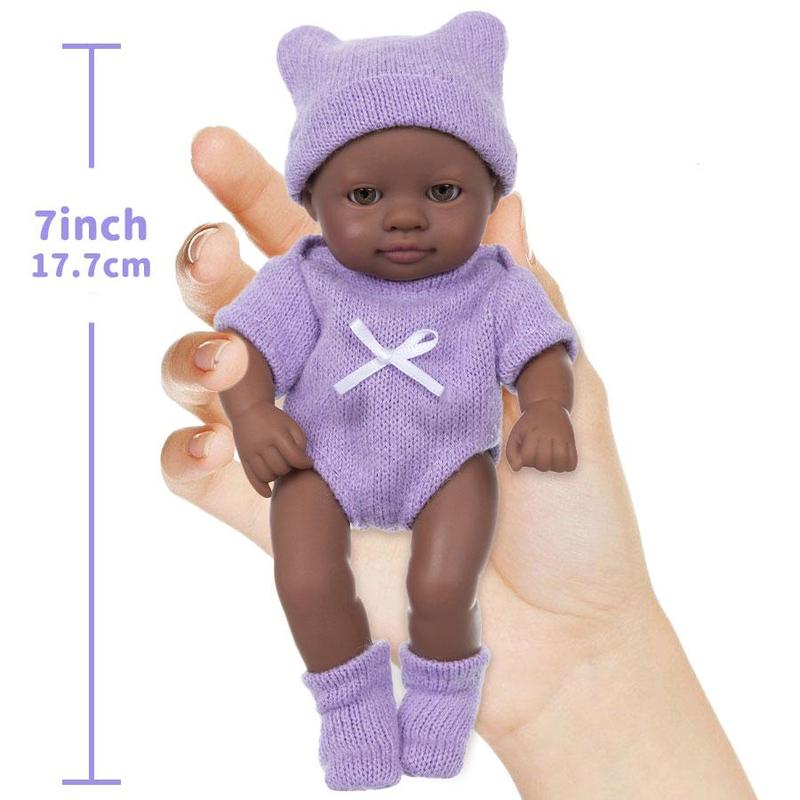 7 Inch Realistic African Baby Doll, 1 Set Cute Doll with Clothes & Pacifier & Bottle & Diaper, Perfect Companion Toy Doll for Girls
