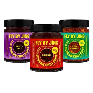 Fly By Jing Best-Selling Chili Crisp Trio 3-Pack (6 oz Each) – Original, Sweet + Spicy & Xtra Crunchy, Mild to Medium Spicy, Savory & Tangy, Vegan & Non-GMO