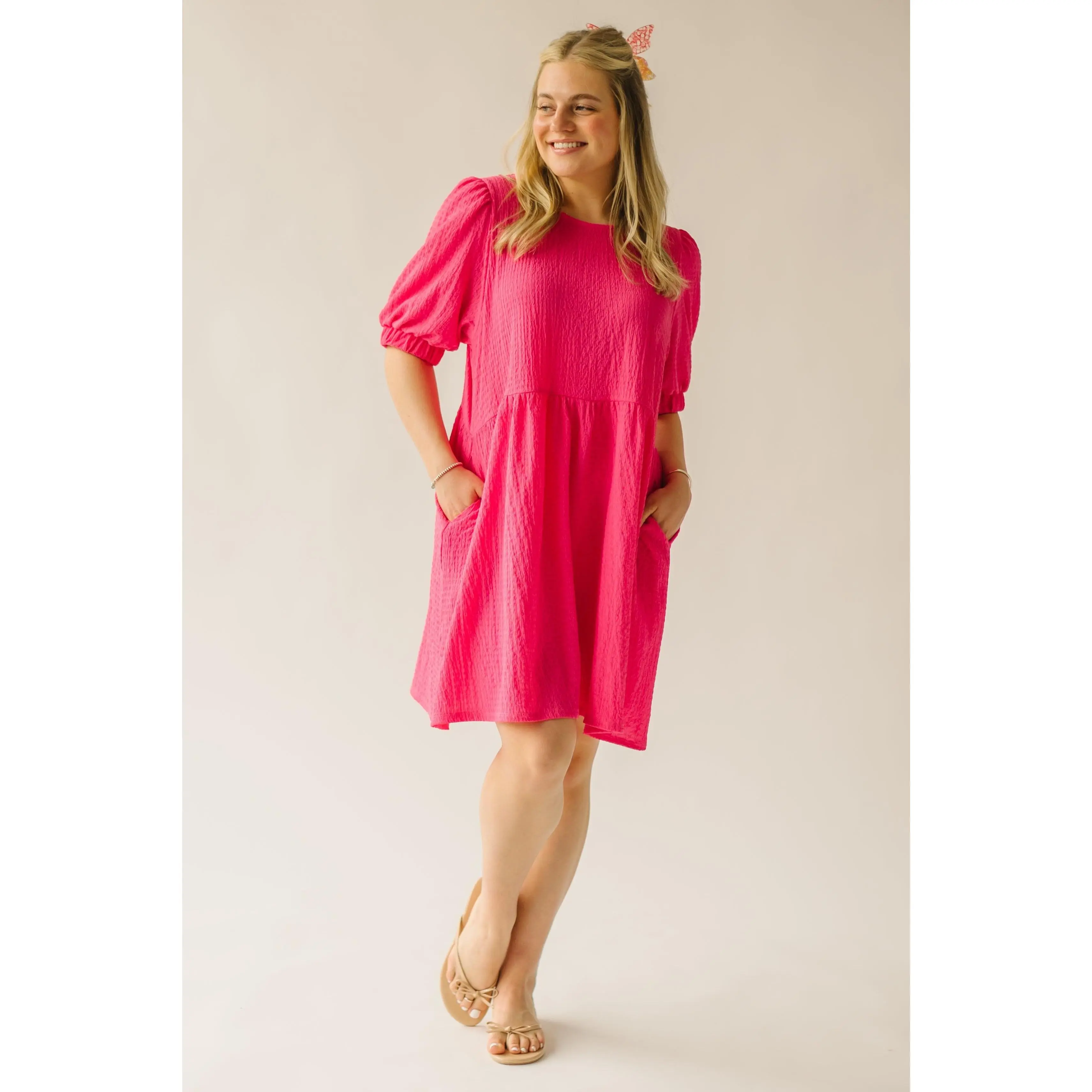 The Moralez Textured Puff Sleeve Dress in Fuchsia